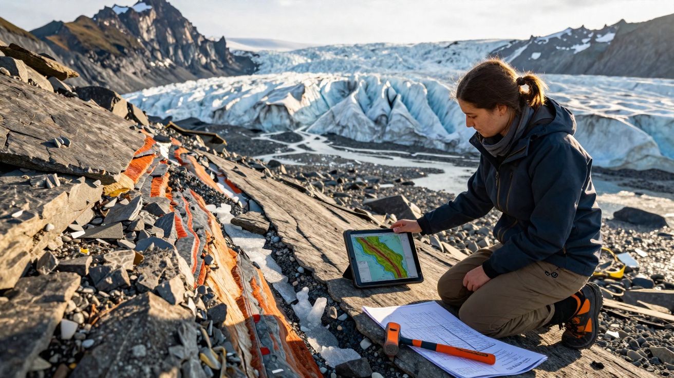 Mulher estudando mapa geológico numa encosta rochosa perto de uma geleira, com equipamento de campo ao lado.