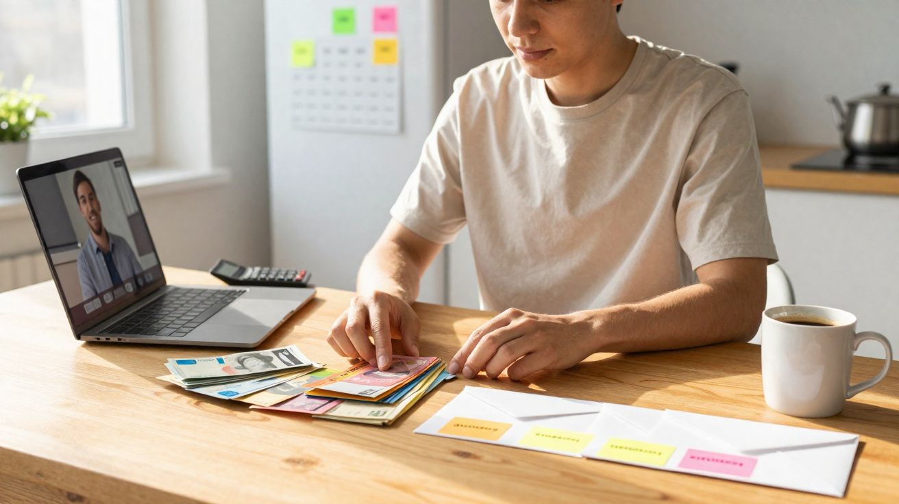 Pessoa a organizar dinheiro e envelopes com etiquetas numa mesa durante videoconferência num portátil.