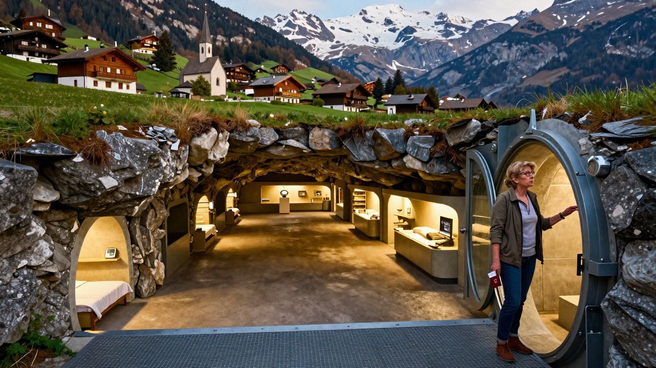 Entrada de abrigo subterrâneo em montanha com aldeia e neve ao fundo, mulher a abrir porta circular.