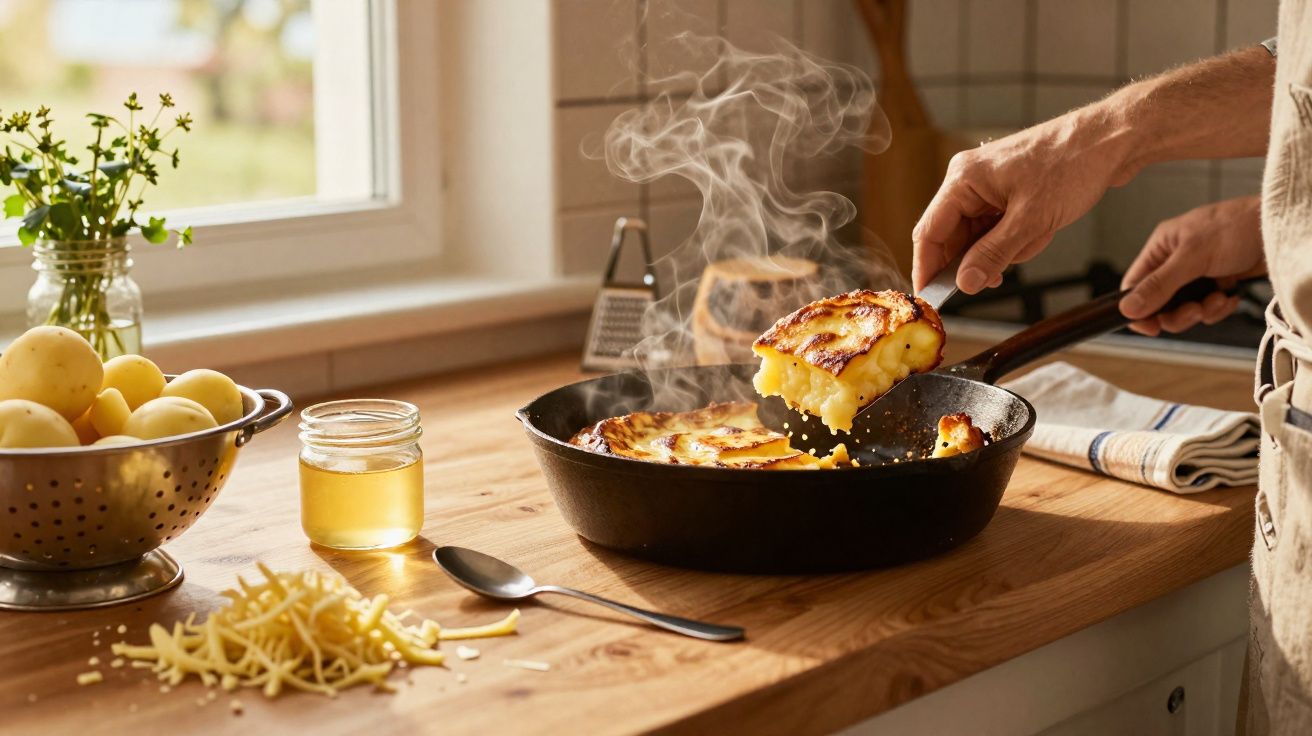 Pessoa a servir batatas gratinadas fumegantes numa frigideira preta numa cozinha luminosa.