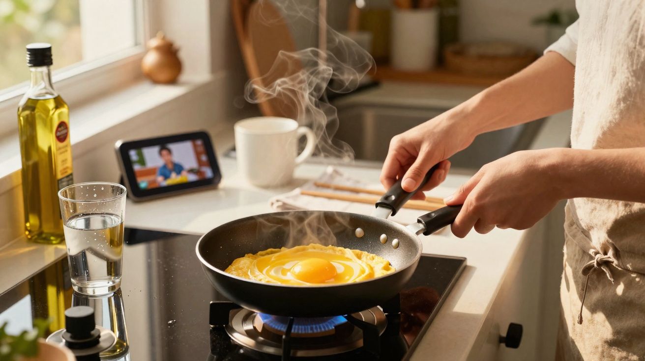 Pessoa a cozinhar ovo a frigideira numa cozinha com luz natural, com garrafa de azeite e copo de água na bancada.