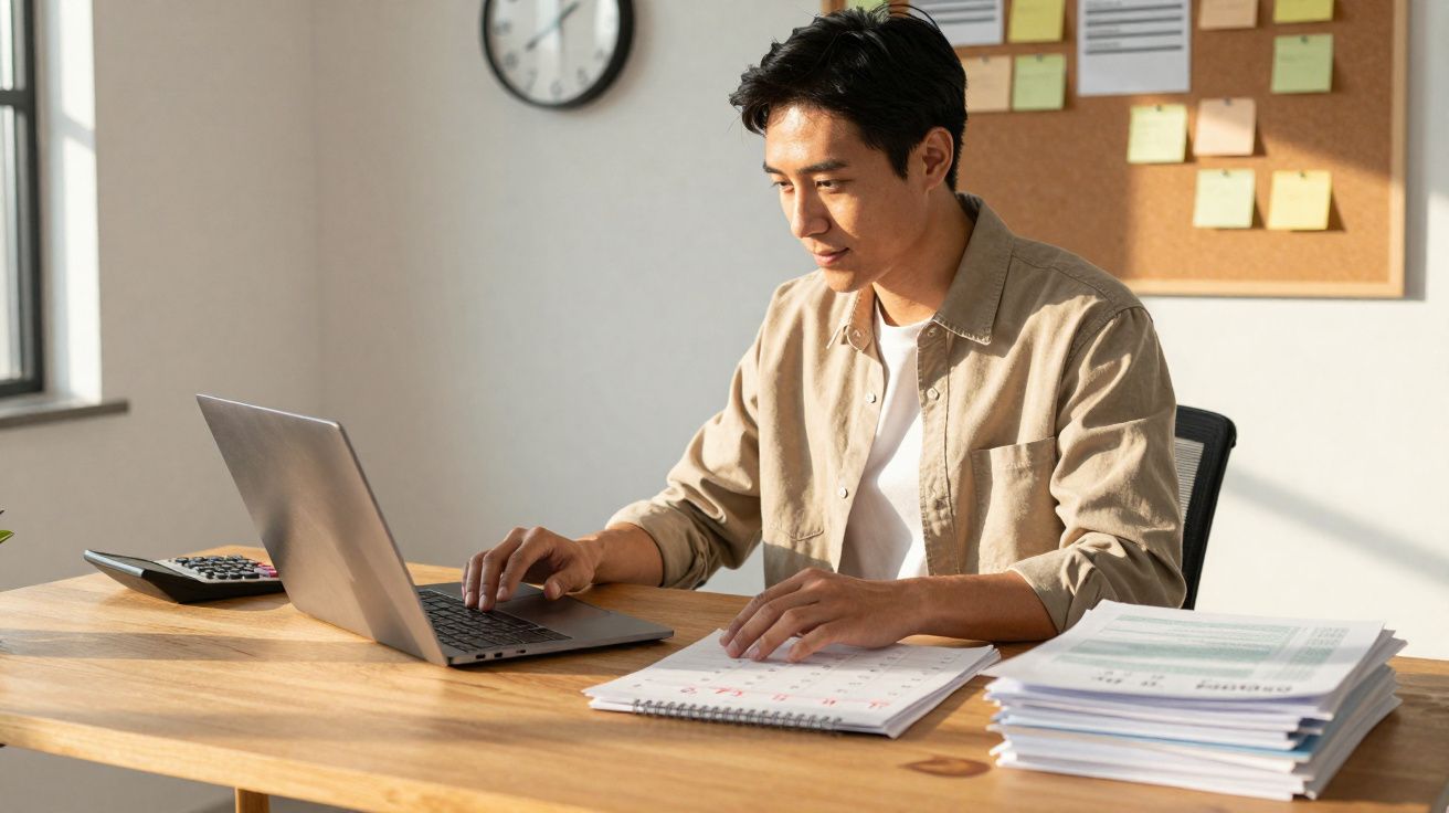Homem a trabalhar num portátil com documentos e calendário numa mesa de madeira, em escritório iluminado.