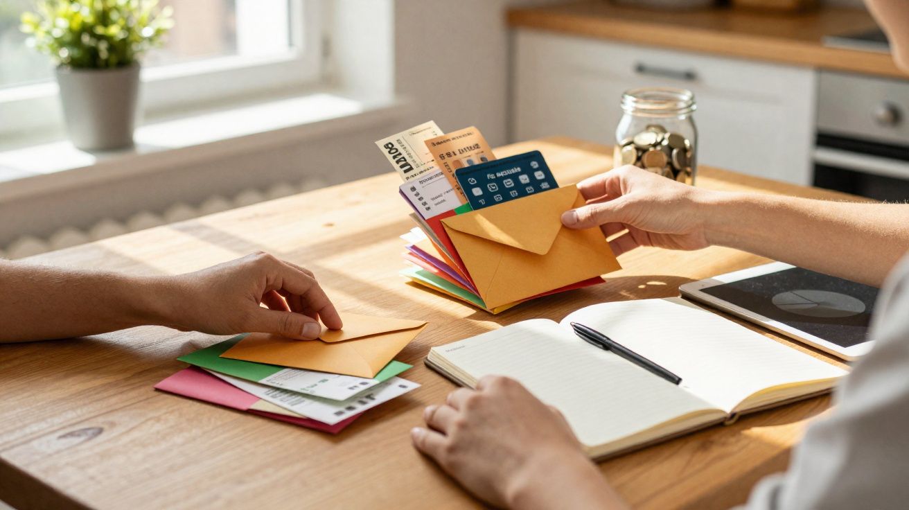 Duas pessoas a organizar envelopes coloridos com contas e documentos numa mesa de madeira iluminada por luz natural.