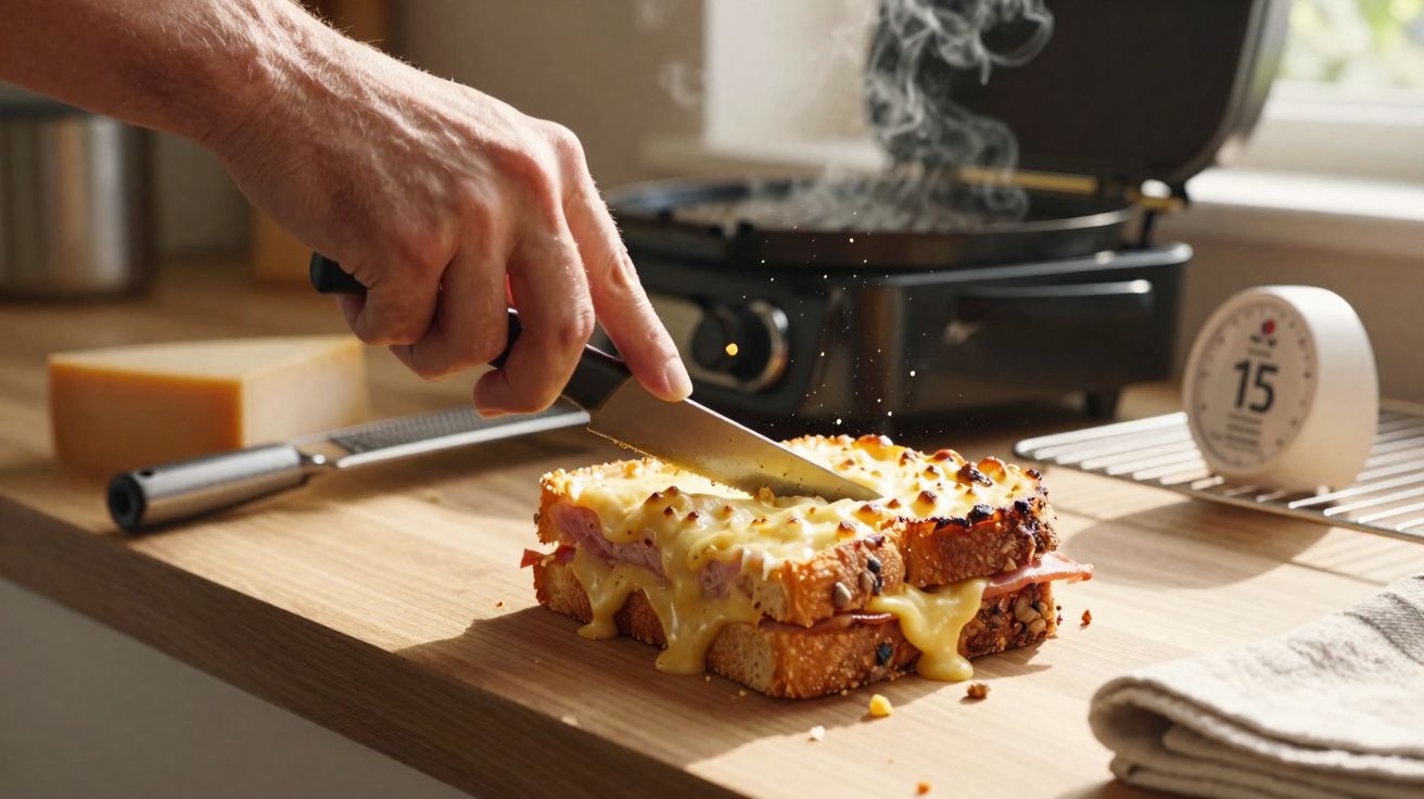 Pessoa a cortar torrada com queijo derretido e fiambre sobre tábua de madeira na cozinha.