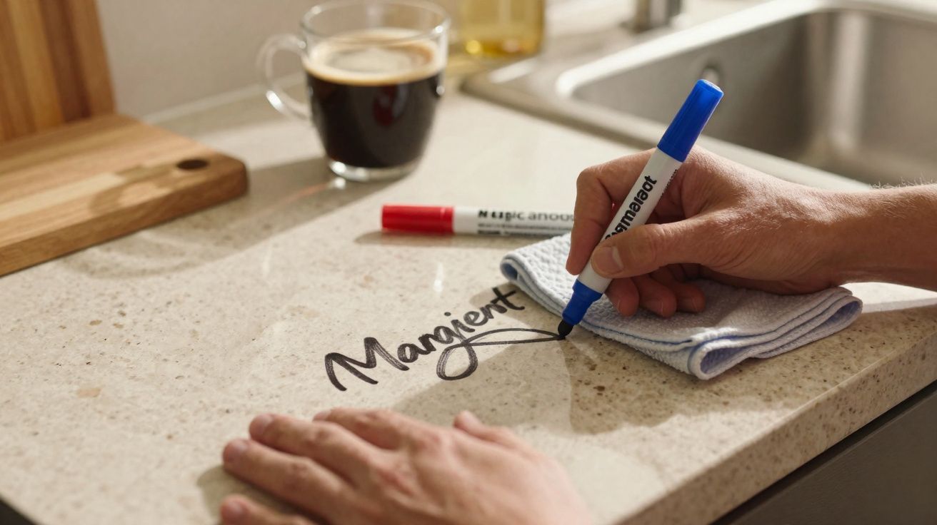 Mãos escrevendo a palavra Margient com marcador azul numa bancada de cozinha clara, com café ao fundo.
