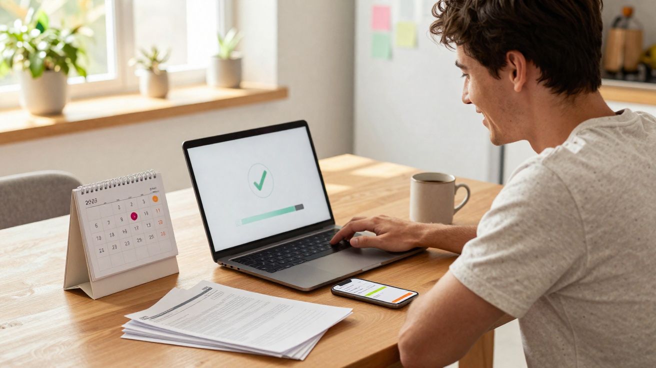 Jovem a trabalhar num computador portátil numa mesa com calendário, documentos e smartphone ao seu lado.