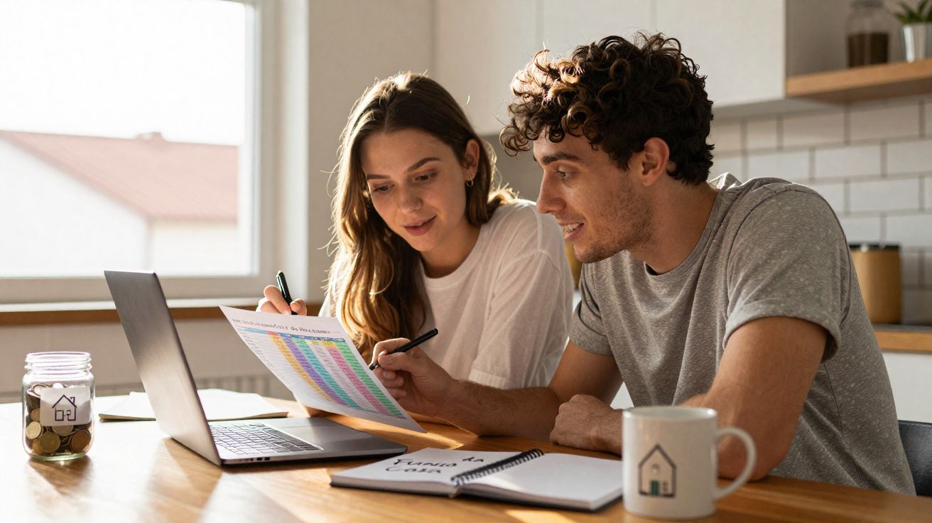 Casal jovem analisa orçamento doméstico à mesa com laptop, caderno e jarro de moedas em casa luminosa.
