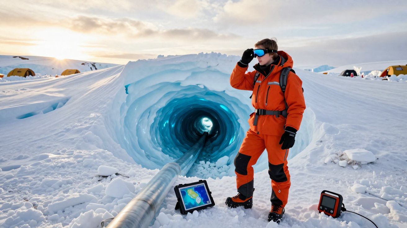 Investigador em fato térmico laranja junto a túnel de gelo azul com equipamentos eletrónicos na neve.