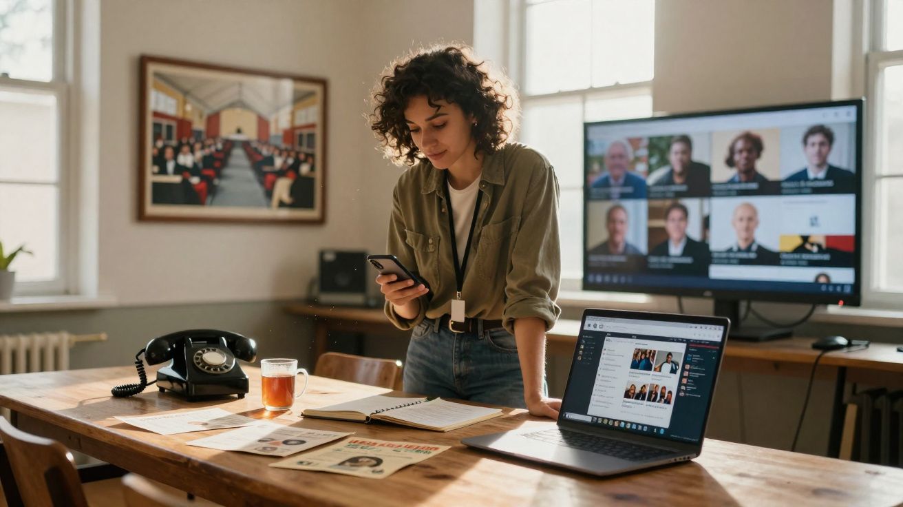 Mulher jovem numa sala com mesa, computador portátil, chá, telefone antigo e videoconferência no ecrã.