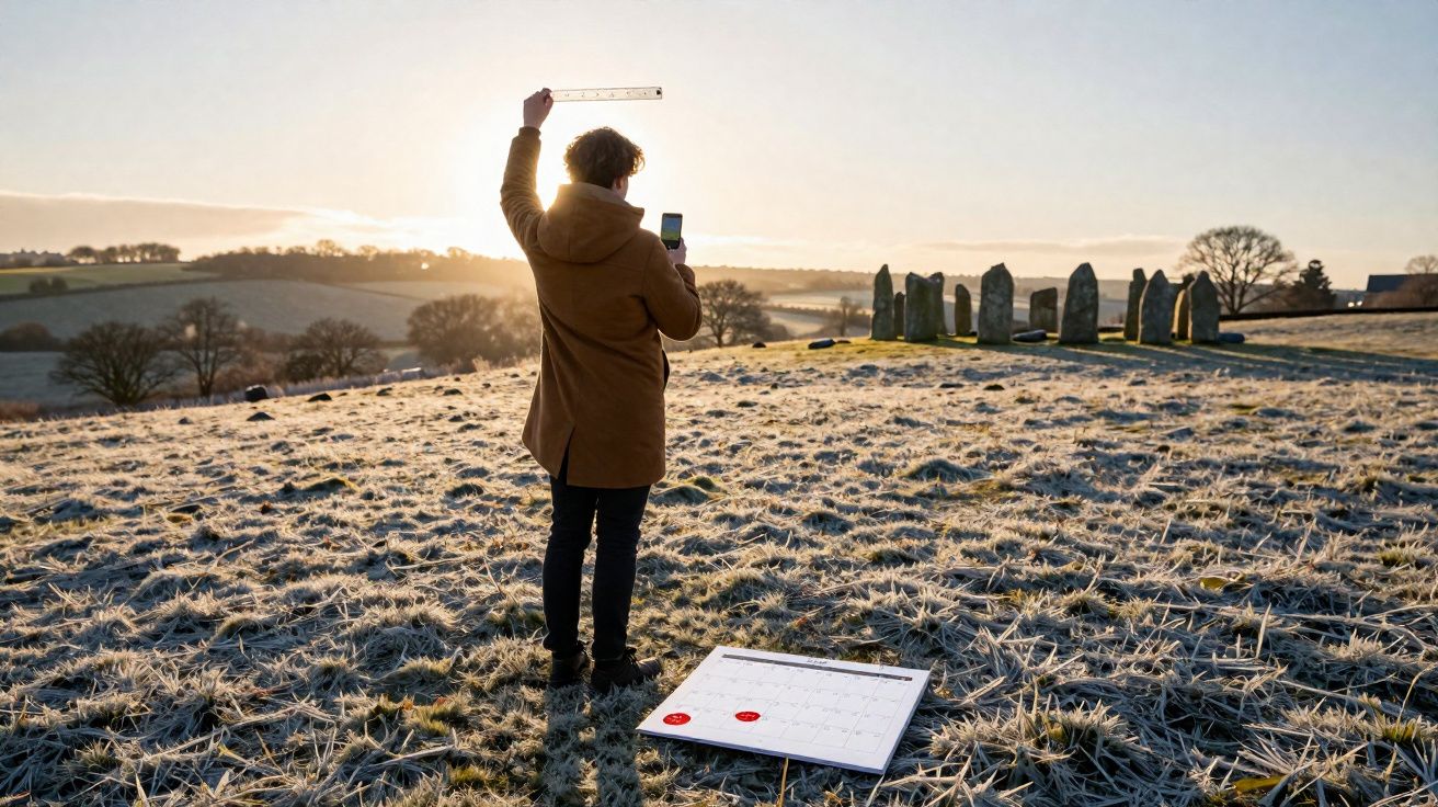 Pessoa de casaco castanho a tirar foto com régua em sítio arqueológico ao amanhecer, em campo com geada.