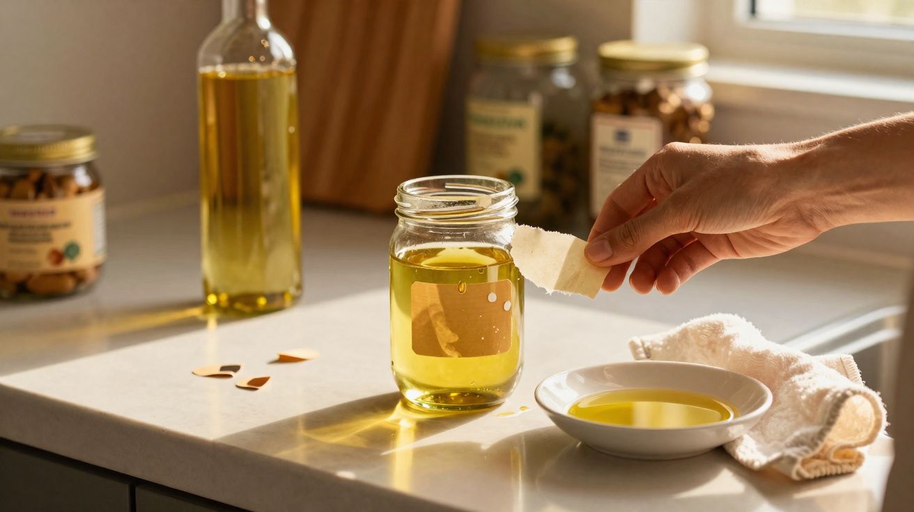Mão a mergulhar pedaço de fita num frasco com líquido amarelo, sobre bancada de cozinha clara.