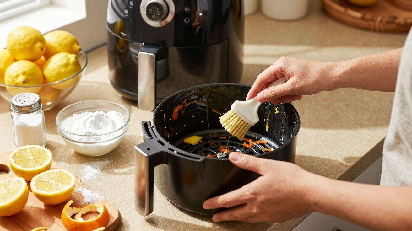 Pessoa a limpar cesto de fritadeira elétrica com escova branca, com limões e temperos na bancada da cozinha.