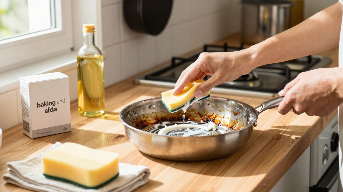 Mãos a lavar uma frigideira suja com uma esponja amarela numa cozinha com bancada de madeira.