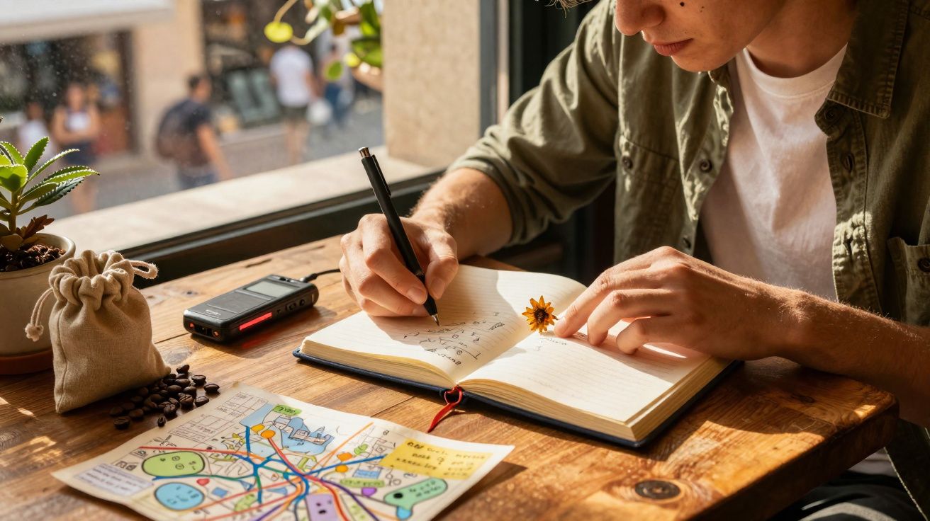 Pessoa a escrever num caderno ao lado de mapa, gravador e planta, junto a uma janela com vista urbana.