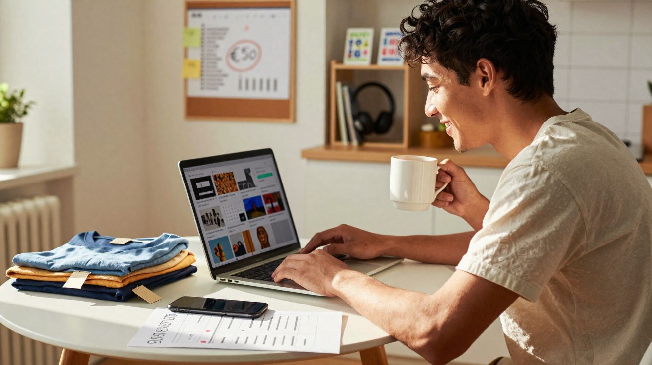 Homem jovem sentado a trabalhar num portátil com uma chávena na mão numa mesa com roupa dobrada e um celular.