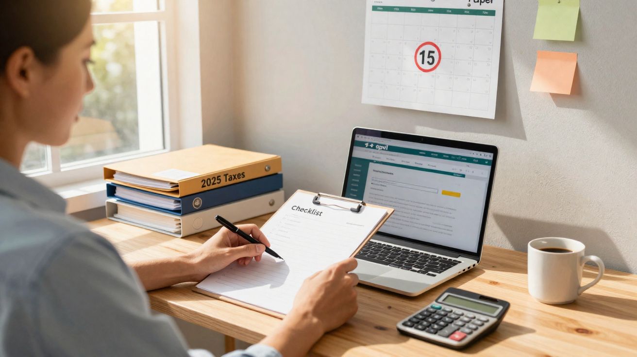 Pessoa a preencher lista de verificação junto a computador e calculadora num escritório com calendário na parede.