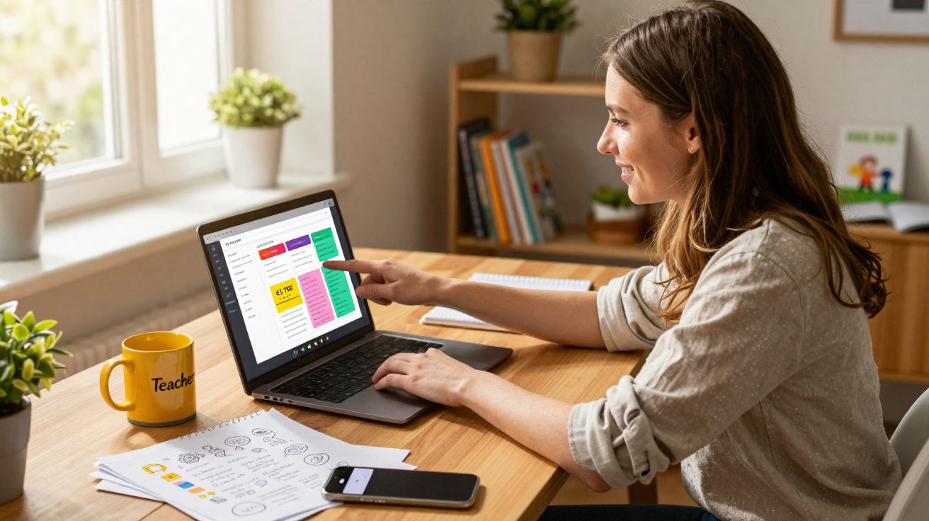 Mulher sentada a trabalhar num computador portátil numa secretária com plantas e materiais de estudo.
