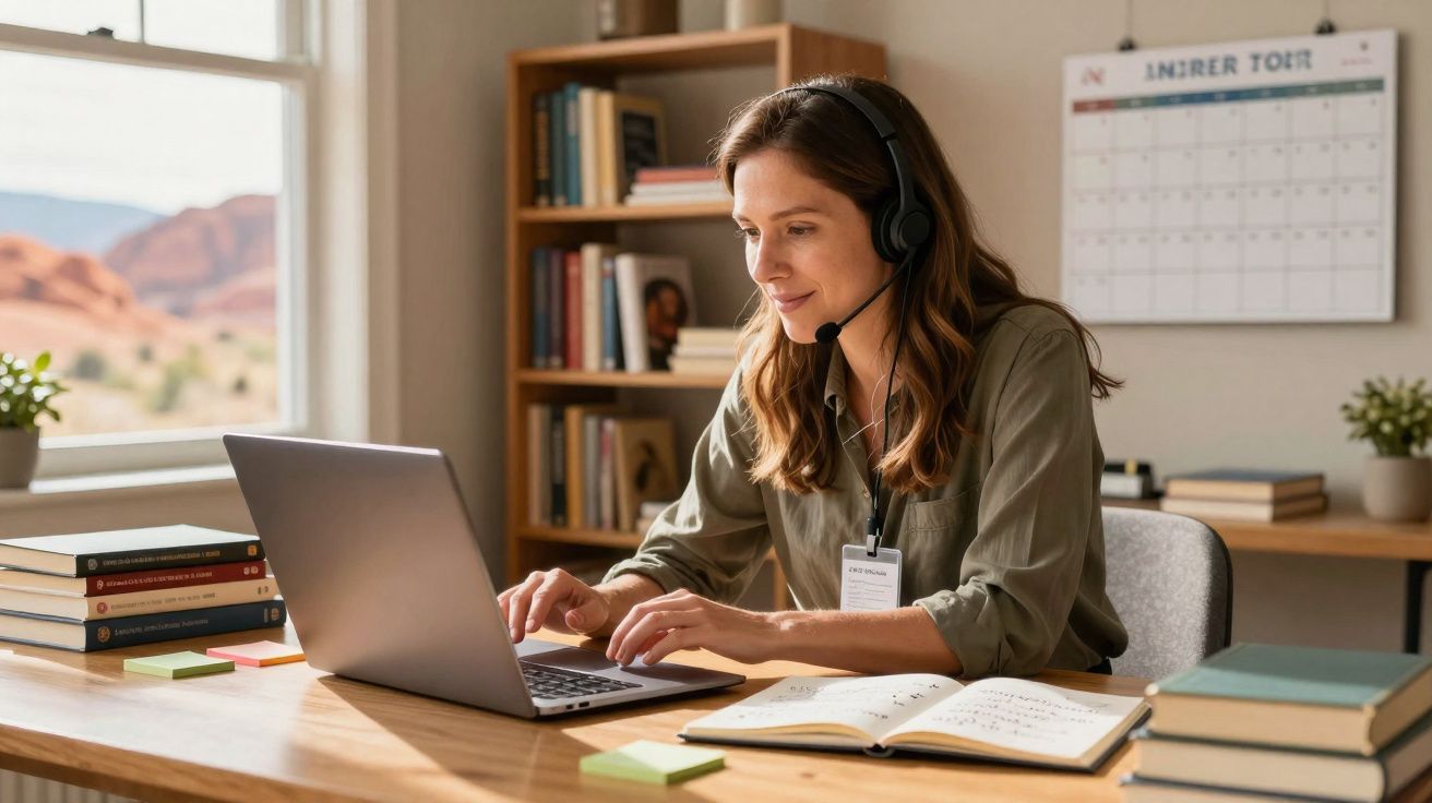 Mulher com auscultadores e microfone a trabalhar num portátil numa secretária com livros e notas.