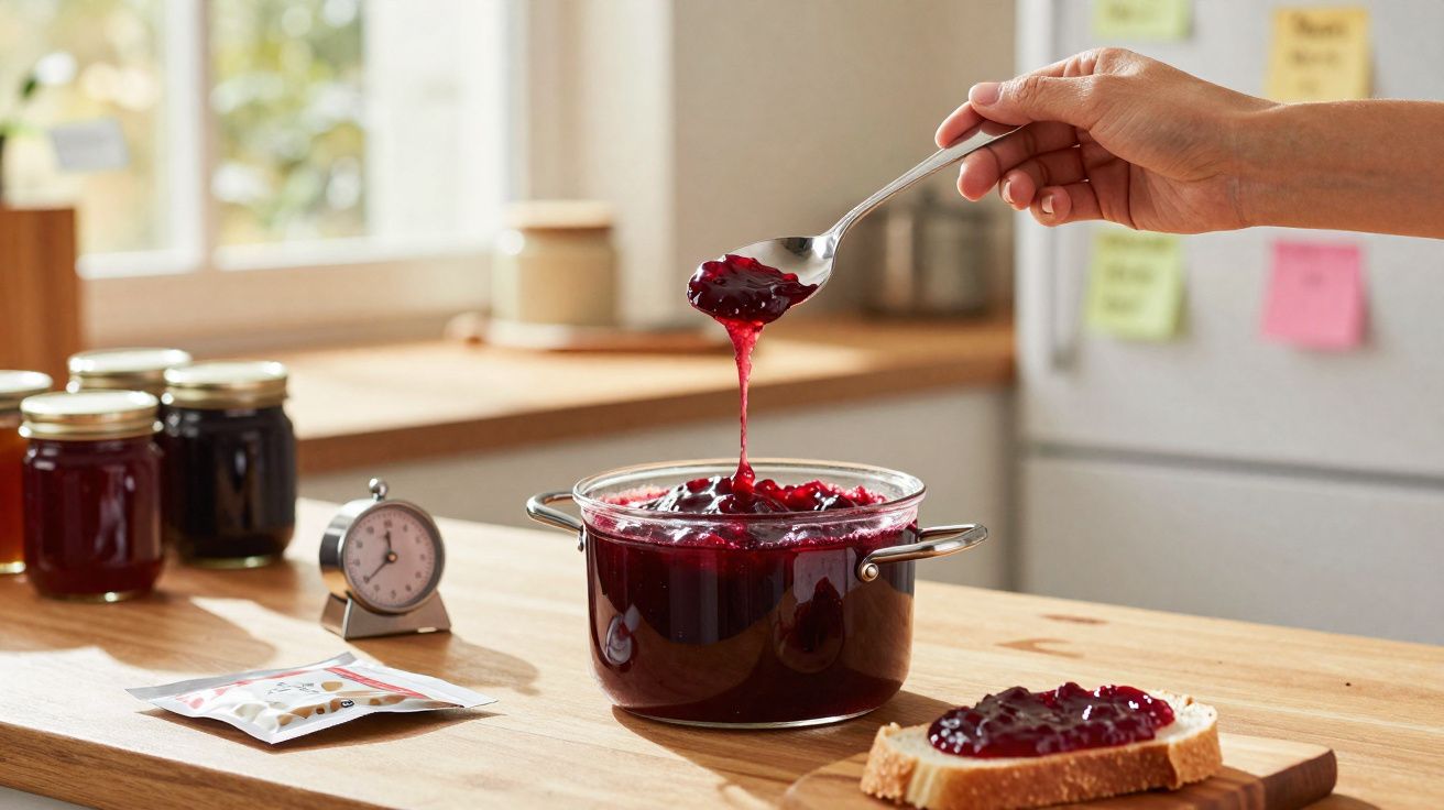 Mão com colher a retirar geleia vermelha de tacho de vidro, com fatia de pão com geleia numa tábua.