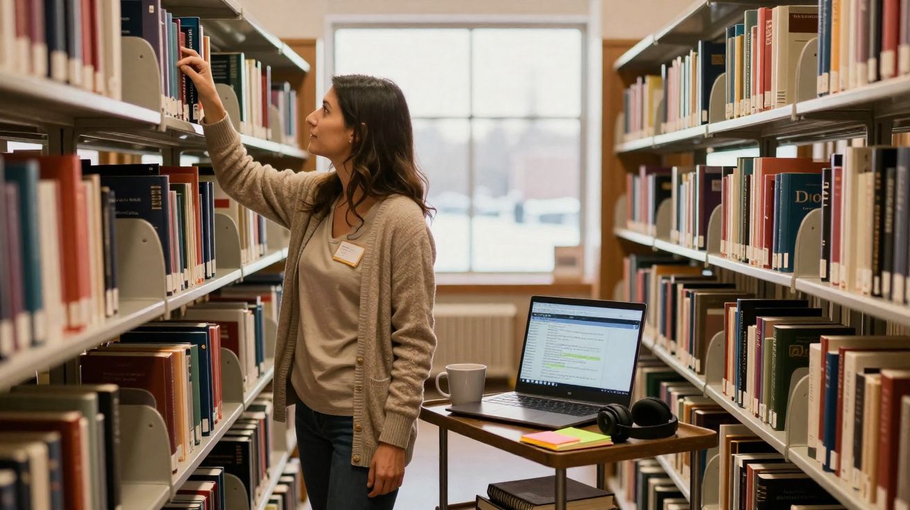Mulher a escolher livro numa estante numa biblioteca, com computador portátil e auriculares numa mesa ao lado.