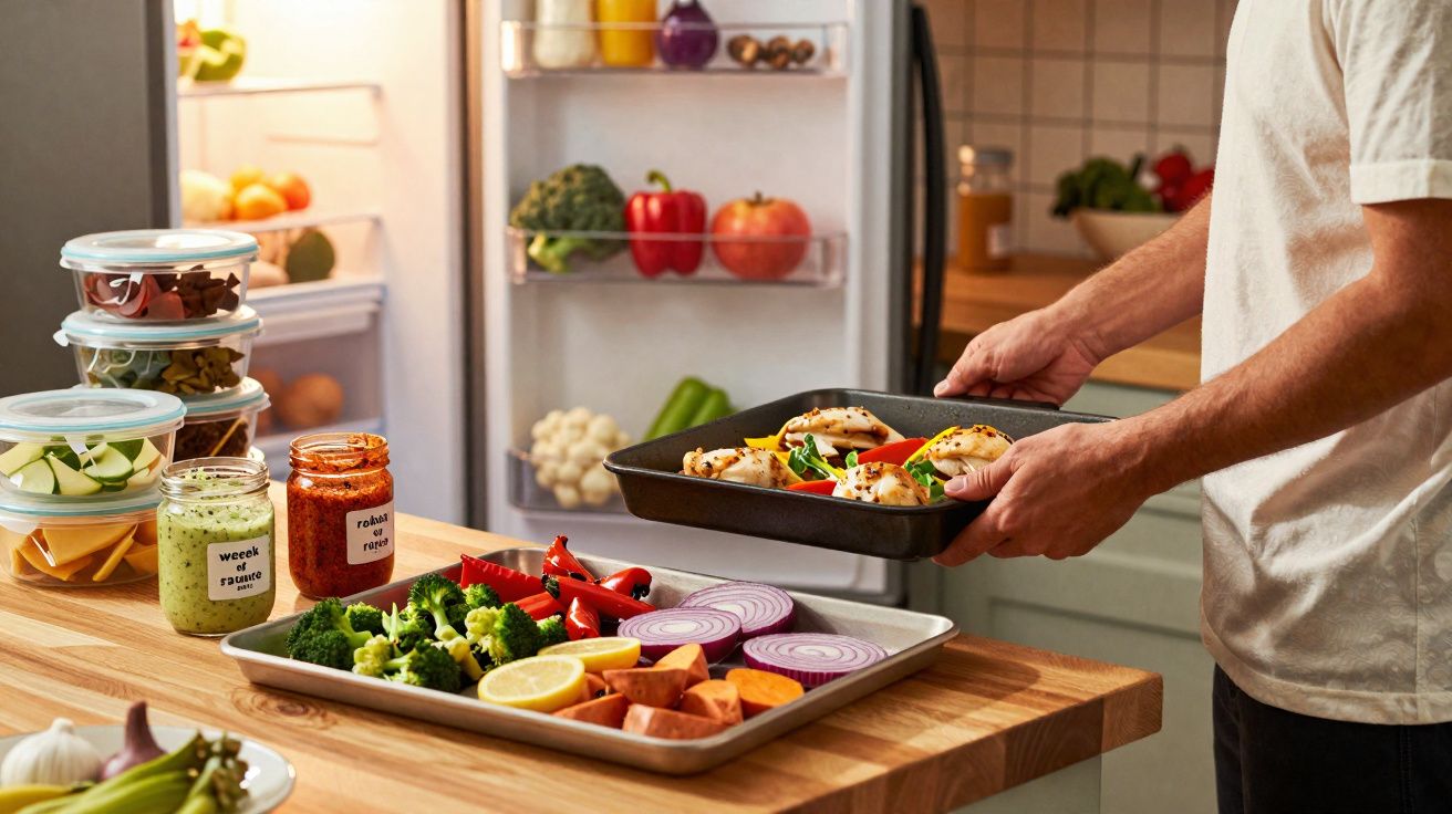 Pessoa a preparar legumes e frango num tabuleiro na cozinha com uma bancada cheia de vegetais frescos e molhos.