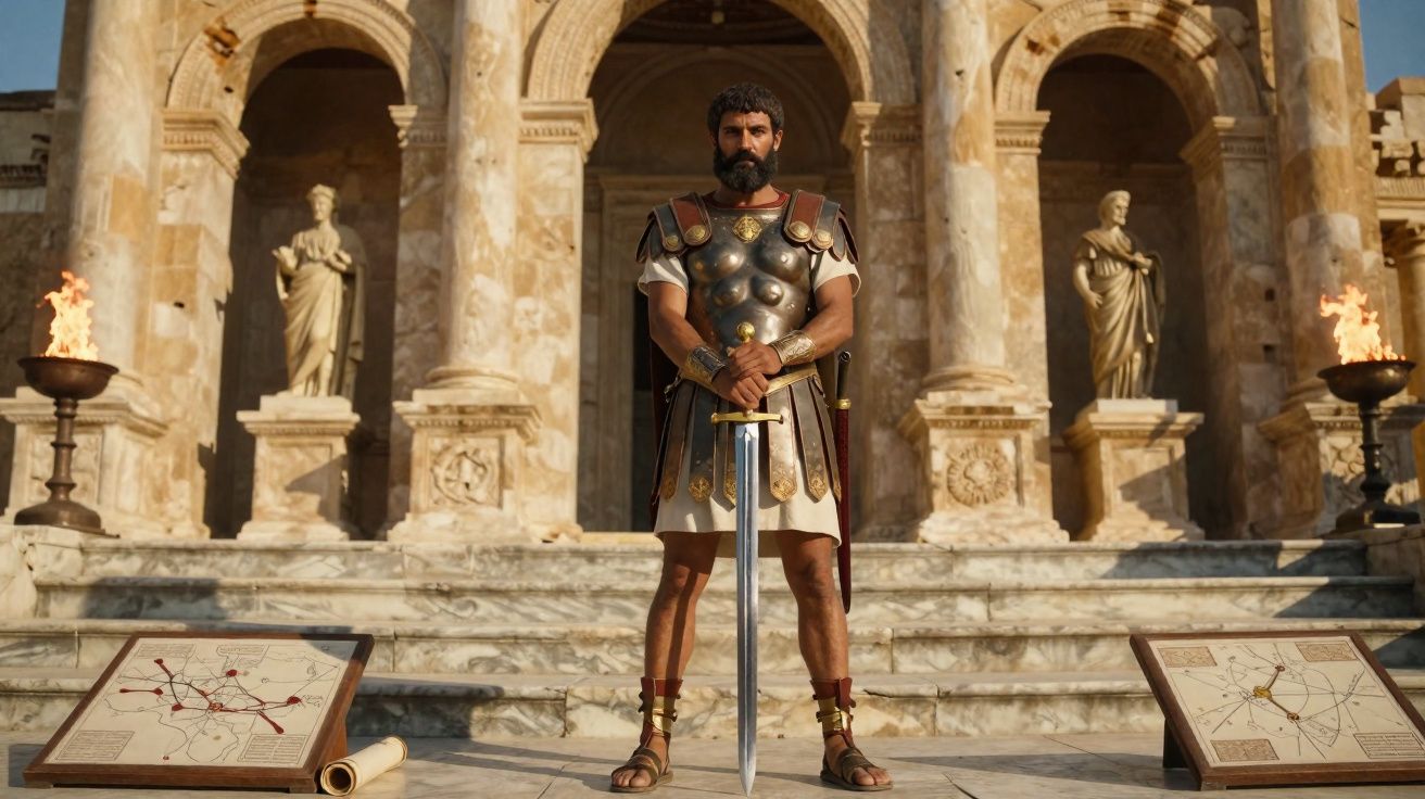 Homem vestido de soldado romano seguro de pé com espada em frente a templo clássico com estátuas e tochas acesas.