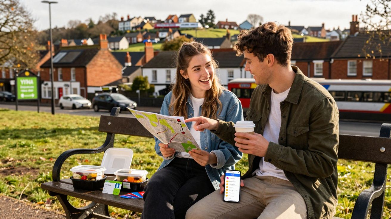 Jovens sentados num banco no parque a consultar um mapa e um telemóvel, com comida ao lado.