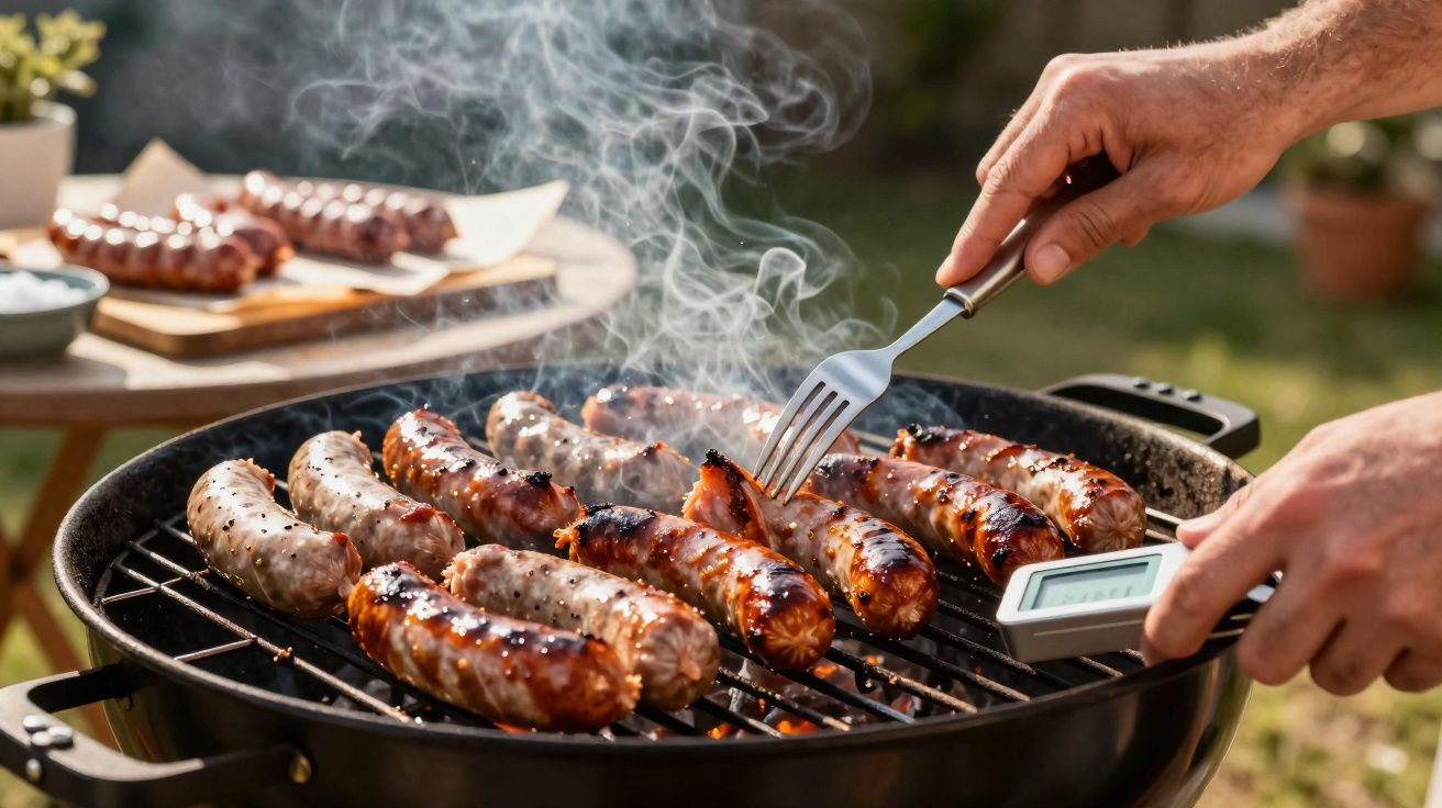 Mãos a grelharem várias salsichas numa churrasqueira a carvão ao ar livre com fumo a sair.