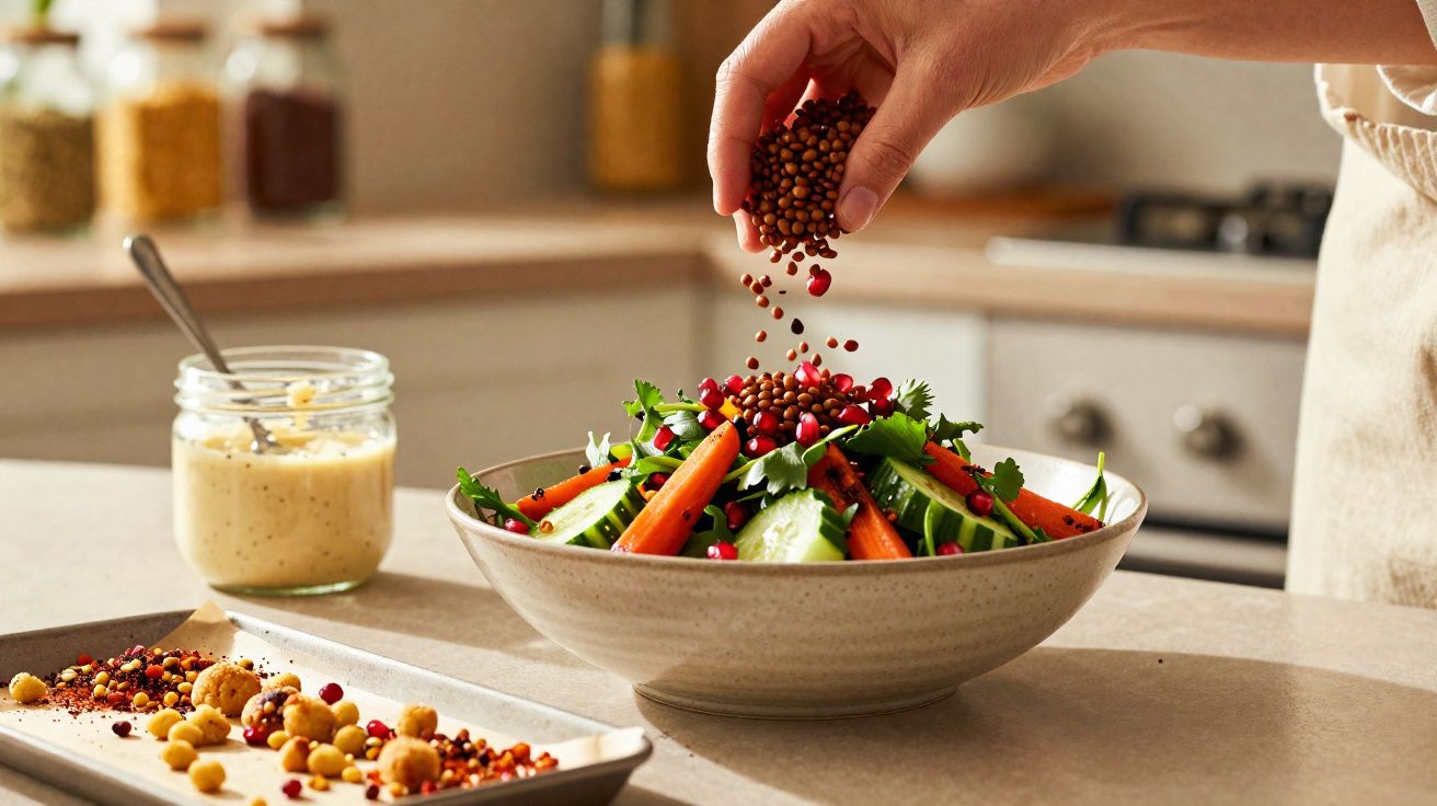 Mão polvilha sementes sobre salada com cenoura, pepino e folhas verdes numa tigela na cozinha.