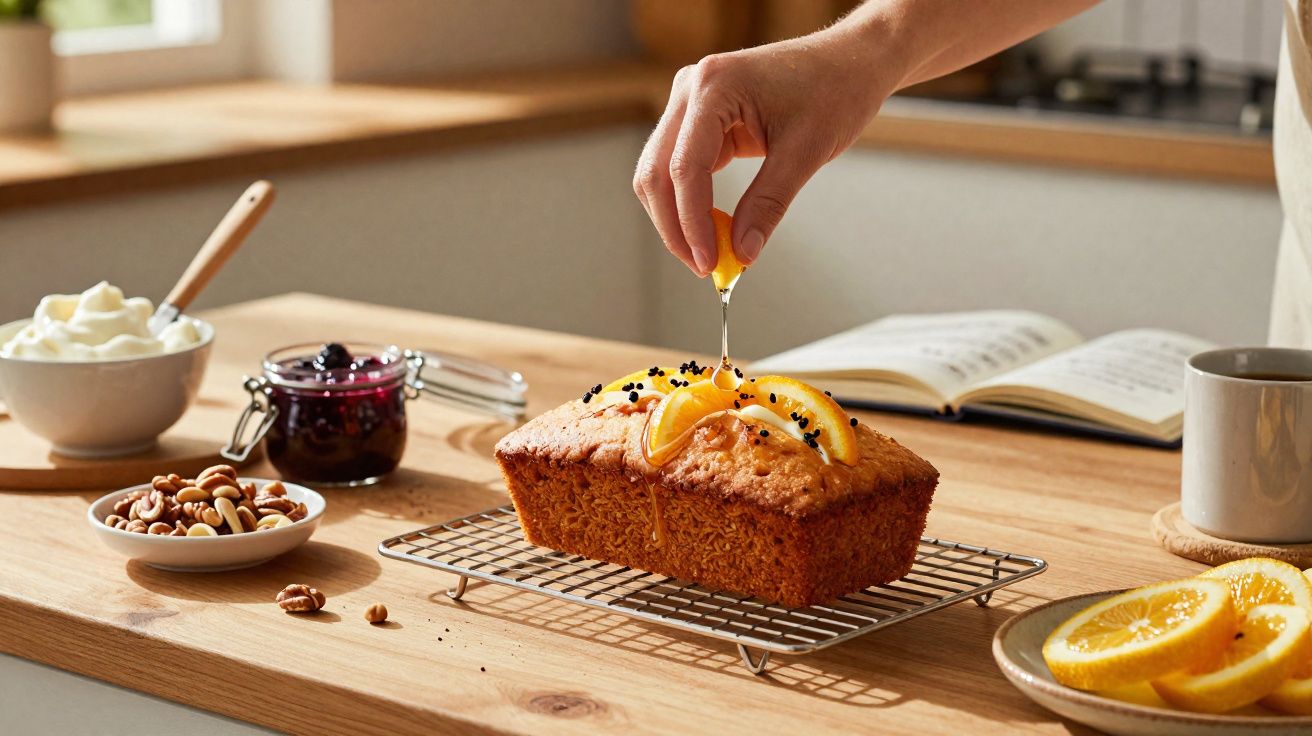 Mão a decorar bolo de laranja com gomos e sementes numa cozinha com ingredientes à volta.