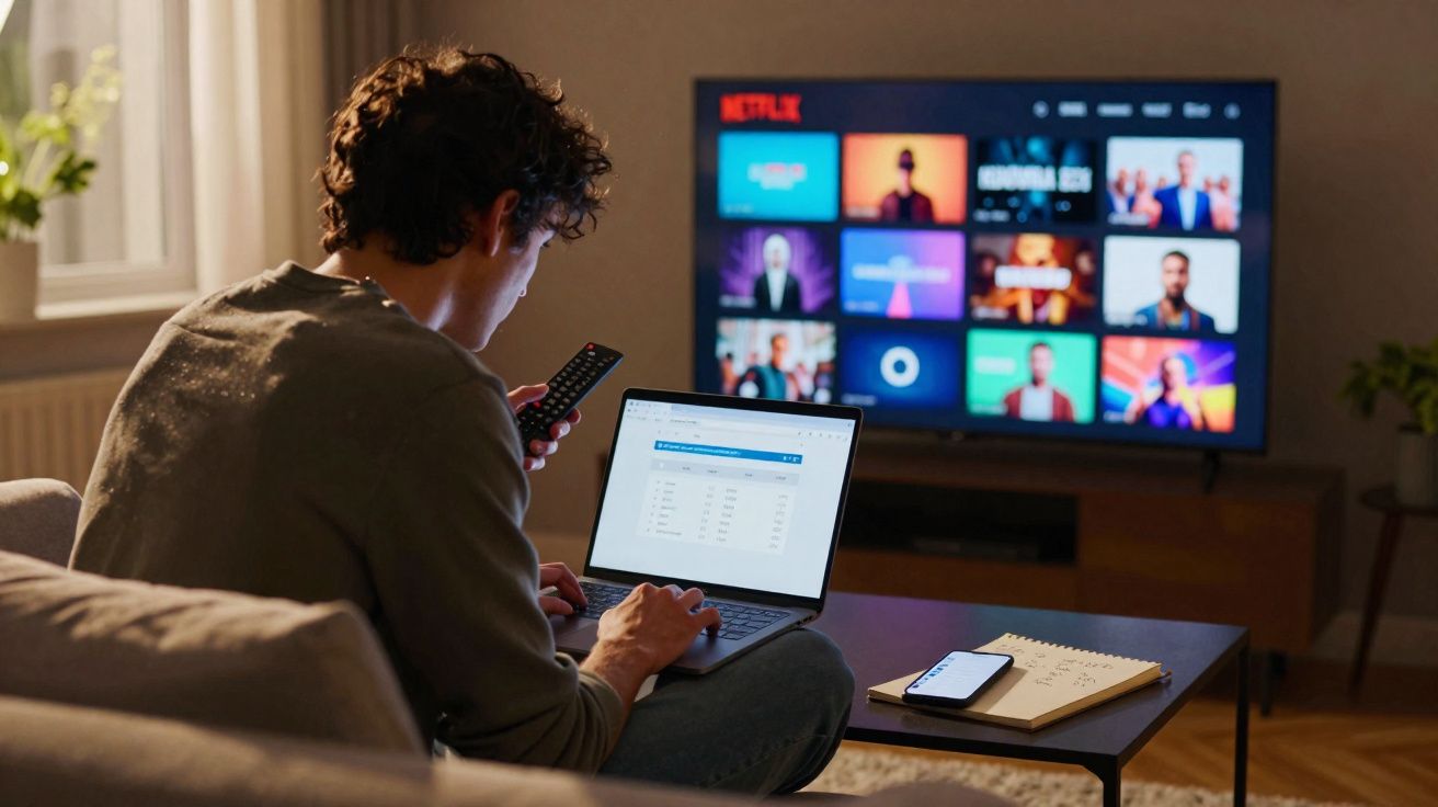 Jovem sentado no sofá com portátil no colo e comando na mão, TV com Netflix ligada em sala iluminada.