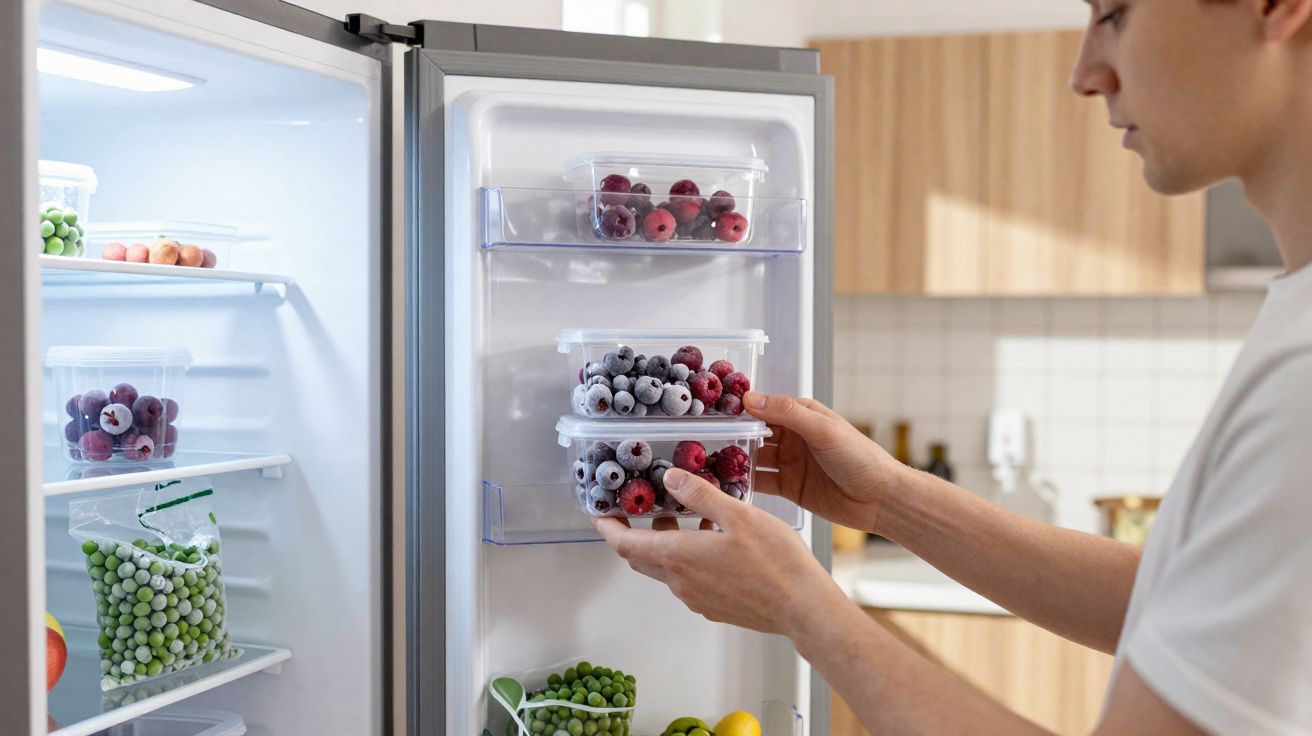 Pessoa a guardar caixas transparentes com frutos vermelhos congelados na porta de frigorífico aberto numa cozinha.
