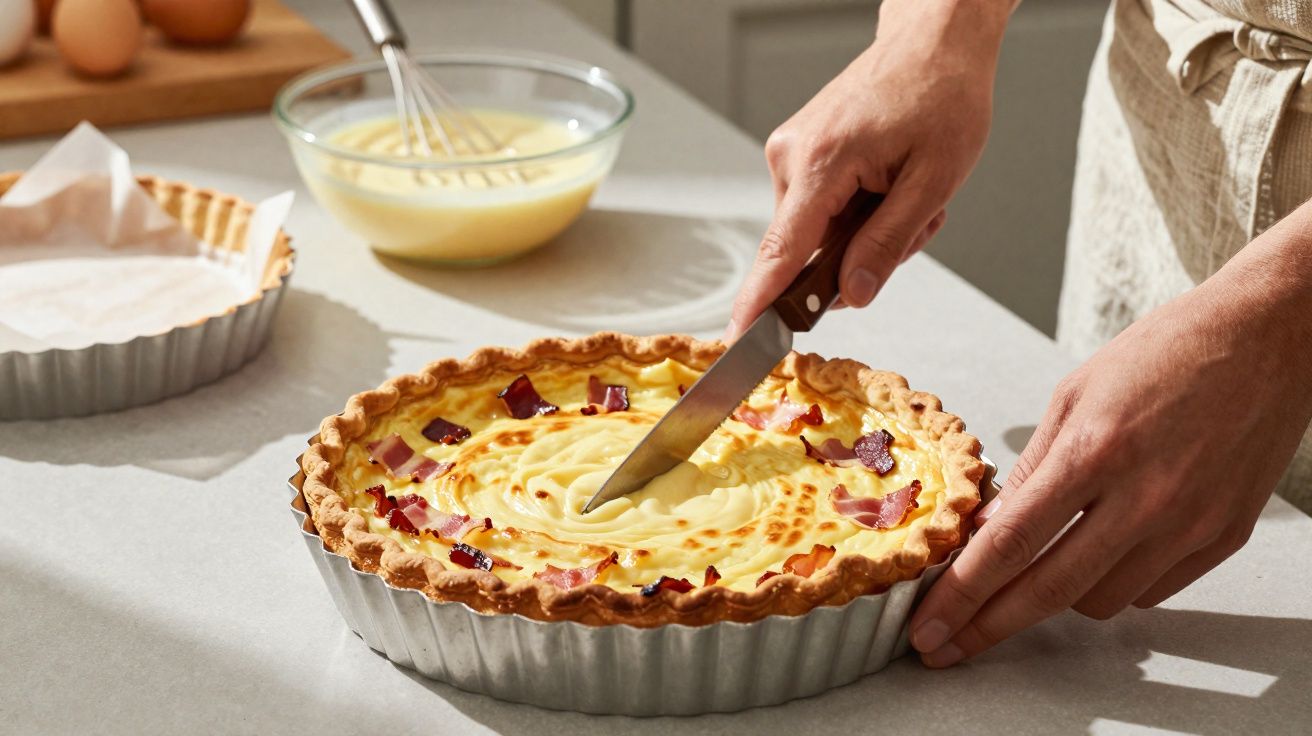 Pessoa a cortar uma quiche assada com pedaços de bacon numa forma metálica na cozinha.