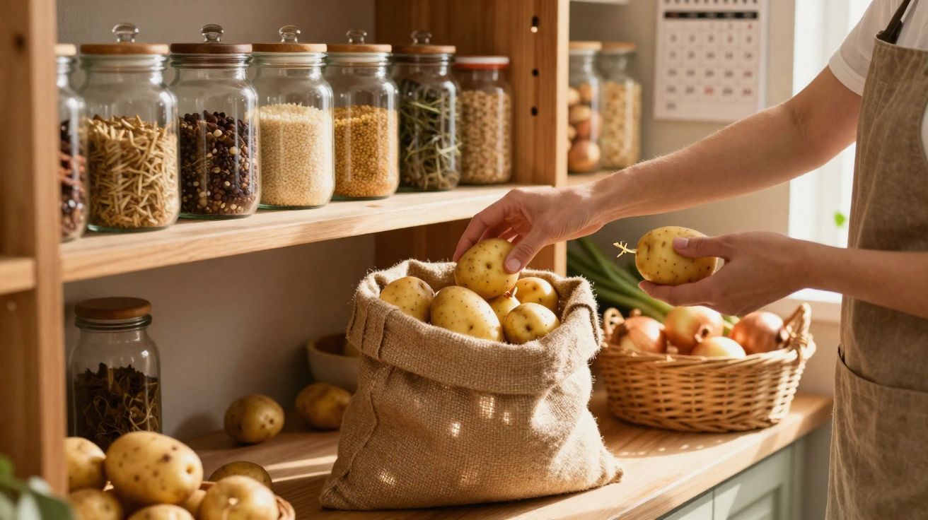 Pessoa a guardar batatas num saco de juta numa despensa organizada com frascos de vidro cheios de especiarias e cereais.