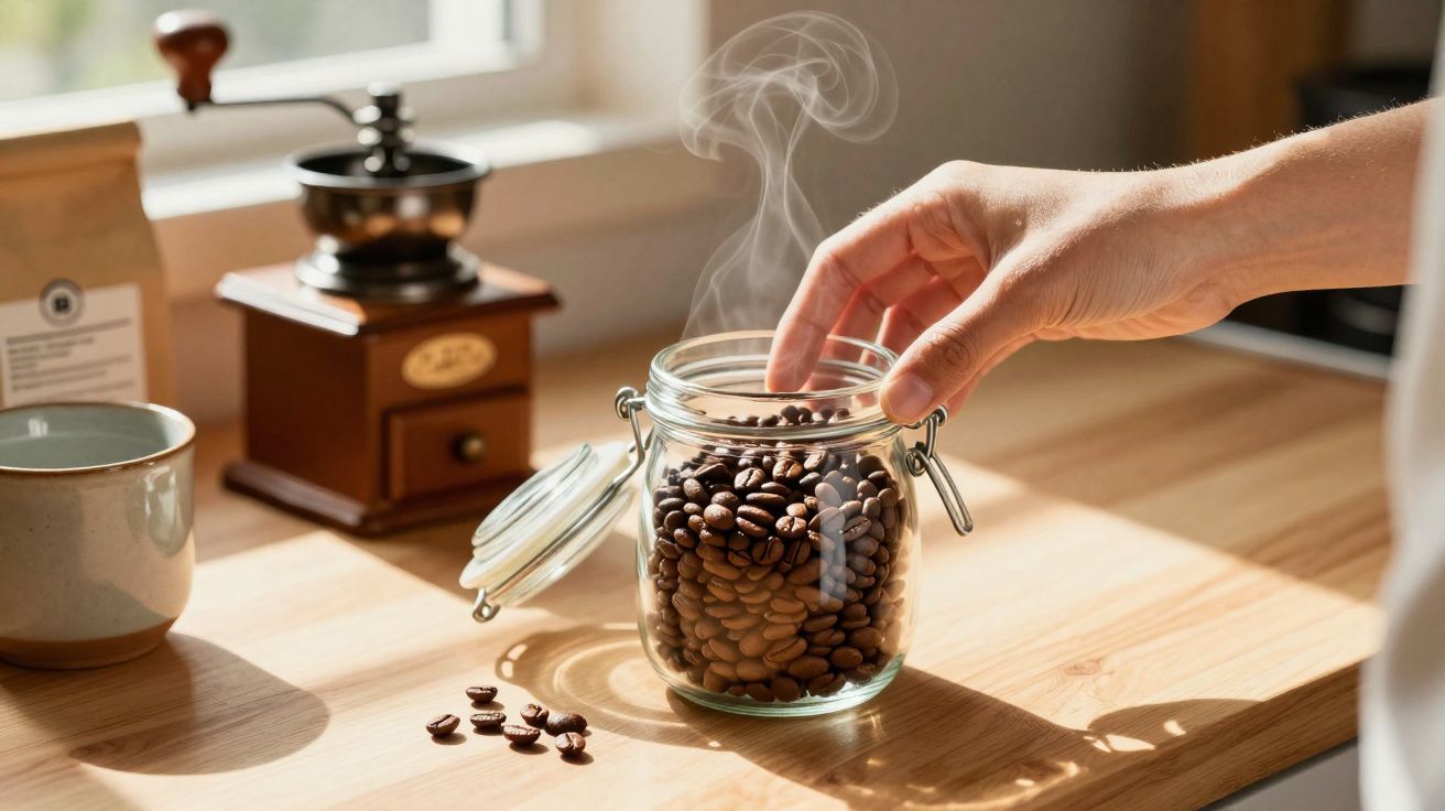Mão a apanhar grãos de café de vidro com grãos fumegantes numa mesa de madeira com moedor e chávena.