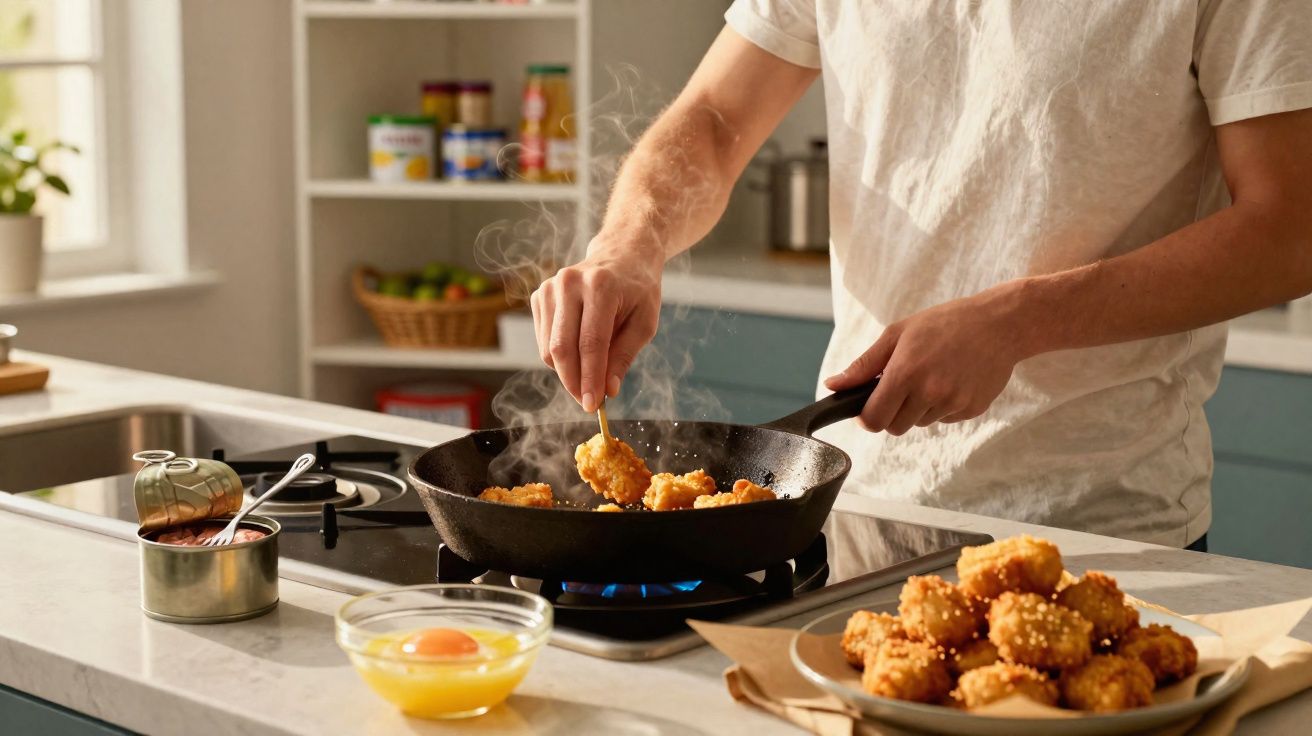 Pessoa a fritar pedaços de frango em frigideira na cozinha, com prato de frango frito ao lado.