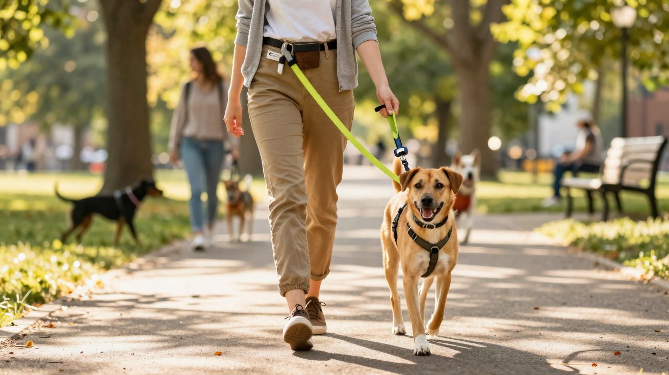 Pessoa a andar com cão de trela num parque com árvores e outras pessoas ao fundo.