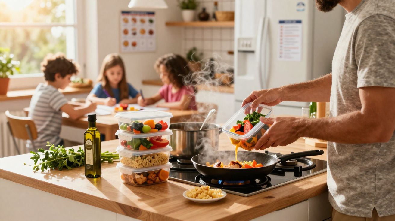 Homem prepara refeições saudáveis numa cozinha enquanto três crianças estudam numa mesa ao fundo.
