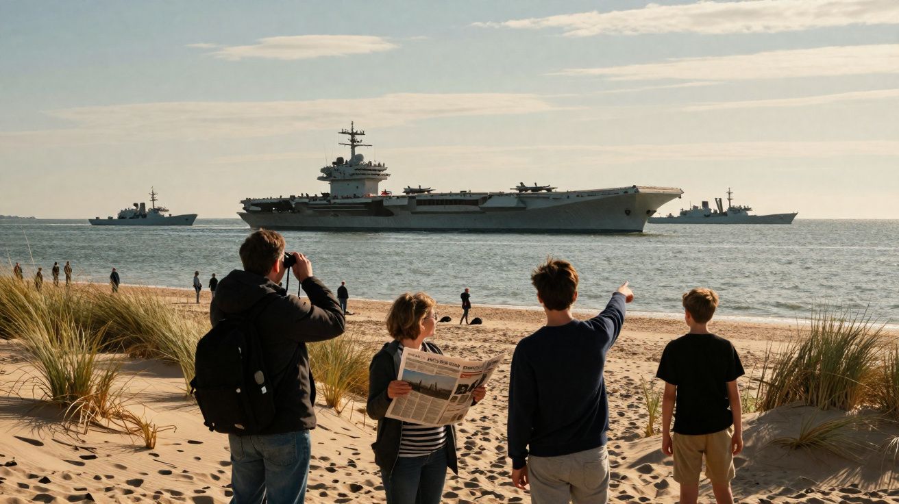 Quatro pessoas observam com binóculos e jornal um porta-aviões e dois navios militares no mar perto da praia.