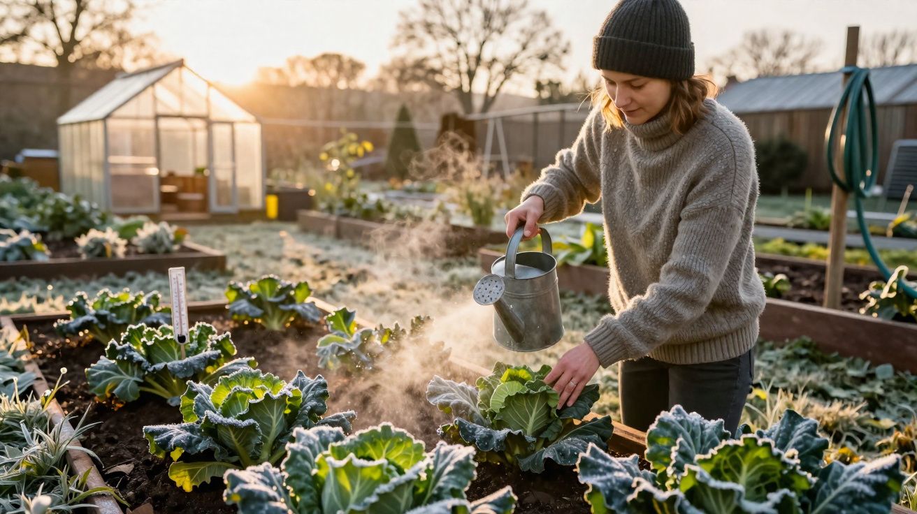 Mulher a regar couves numa horta com relva coberta de geada ao amanhecer, vestindo gorro e camisola quente.
