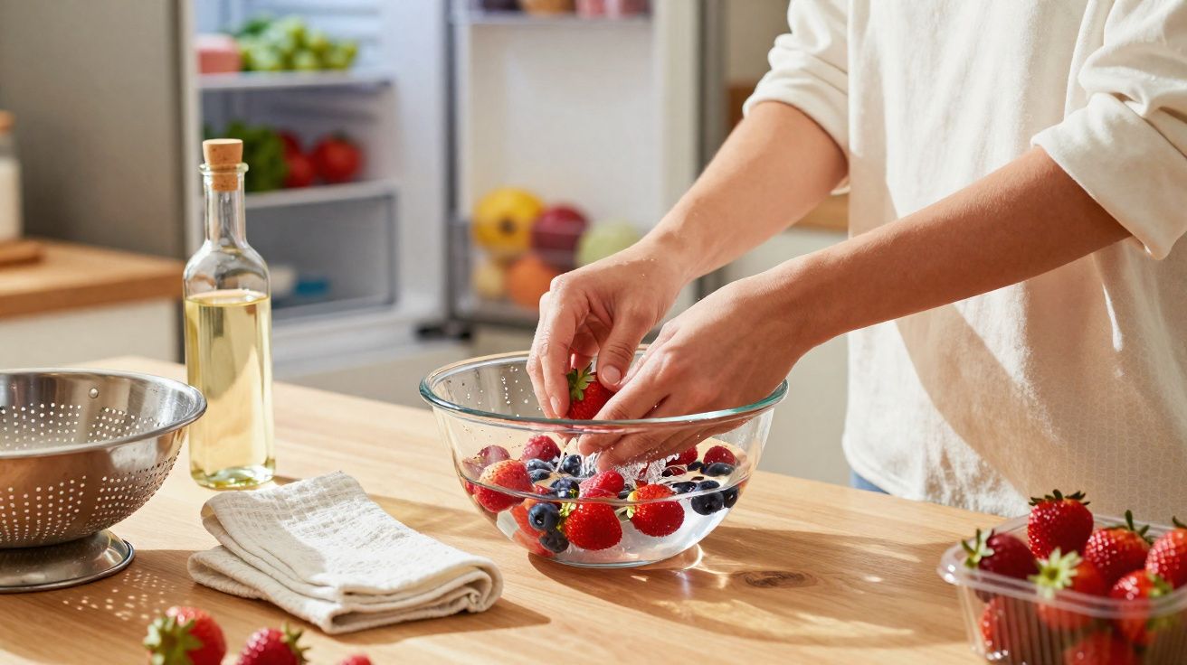 Pessoa a lavar morangos e frutos vermelhos numa tigela de vidro numa cozinha luminosa.