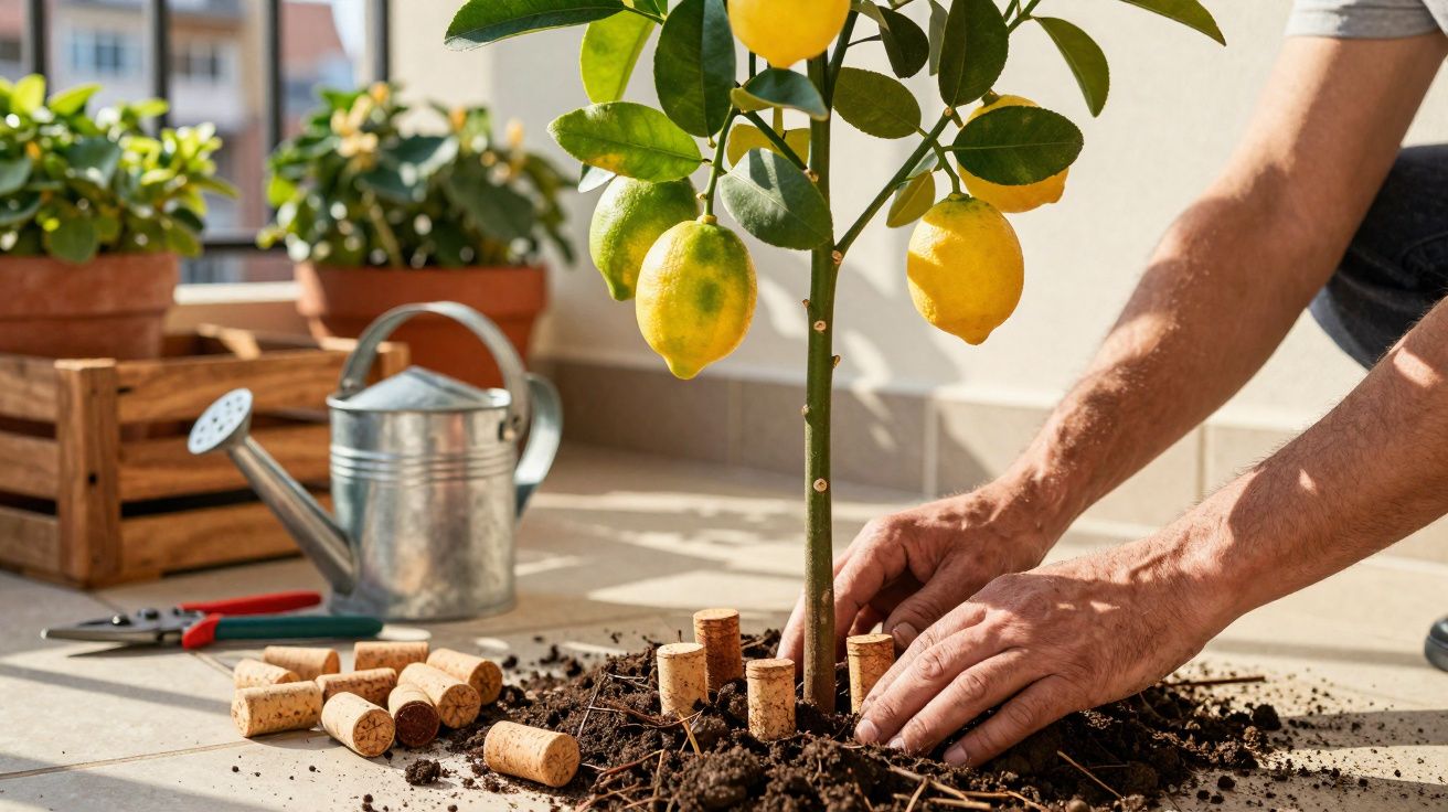 Pessoa a plantar uma árvore de limão num vaso com rolhas e terra num terraço ensolarado.