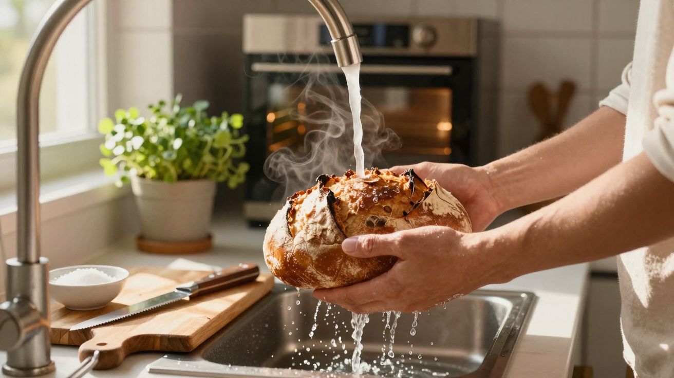 Pão quente a ser lavado com água numa torneira na cozinha, com vapor visível a sair do pão.