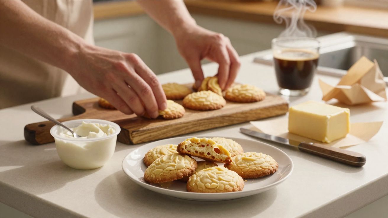Homem a colocar biscoitos numa tábua, com biscoitos, manteiga, café e um creme branco sobre a bancada.