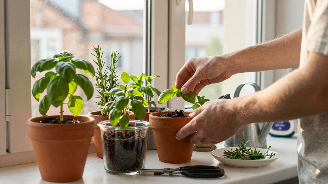 Mãos a cuidar de plantas aromáticas em vasos na janela, com tesoura e regador ao lado.