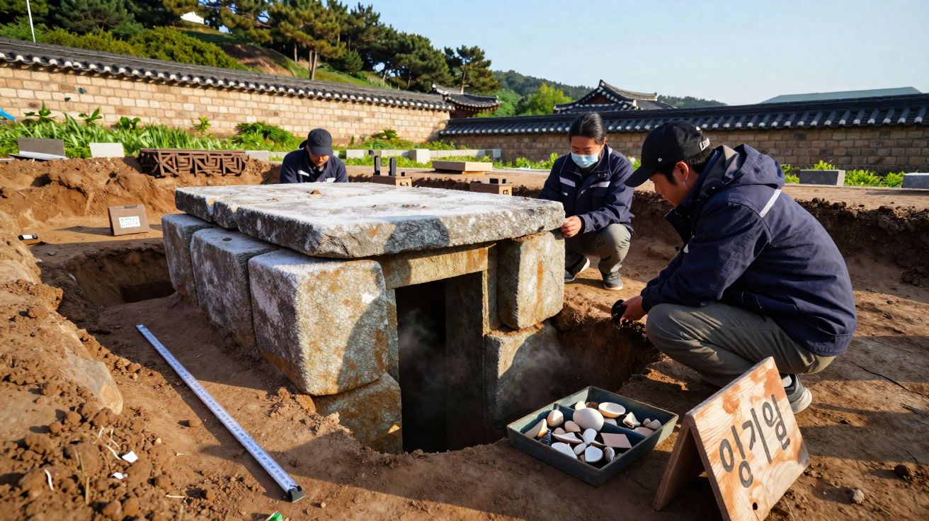 Arqueólogos escavam túmulo de pedra antiga com artefatos em escavação ao ar livre.