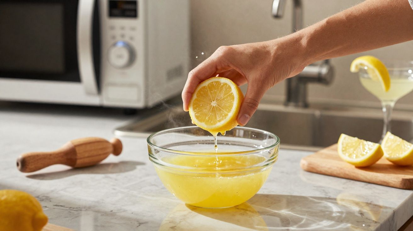 Mão a espremer meio limão para uma taça de vidro com sumo de limão na bancada da cozinha.