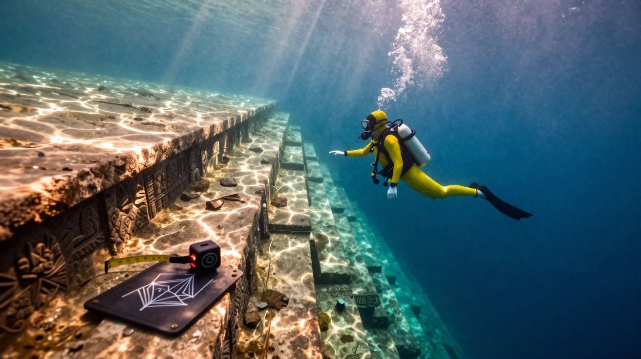 Mergulhador com fato amarelo explora ruínas subaquáticas com inscrições antigas e instrumentos de medição.
