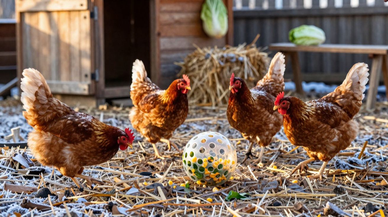 Quatro galinhas castanhas rodeiam um brinquedo esférico com furos num galinheiro com palha e neve.