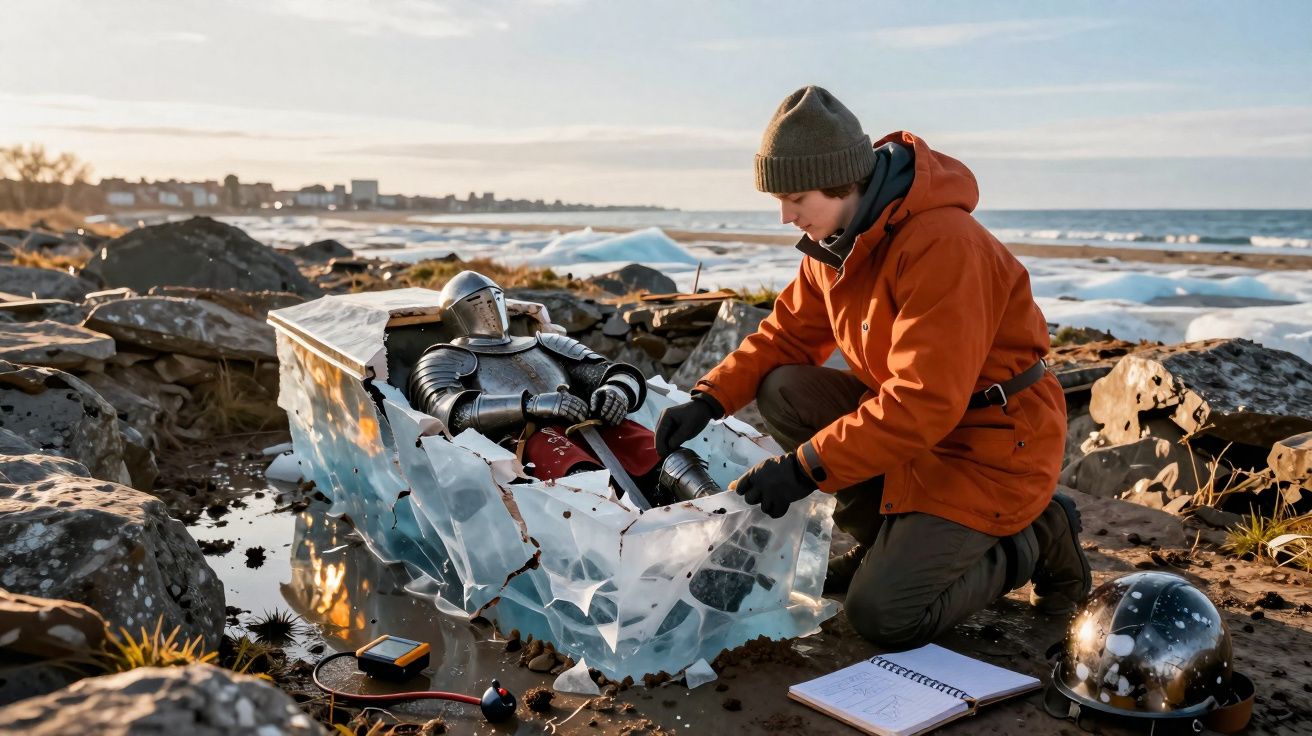Pessoa em casaco laranja examina armadura medieval dentro de bloco de gelo rachado numa praia rochosa.